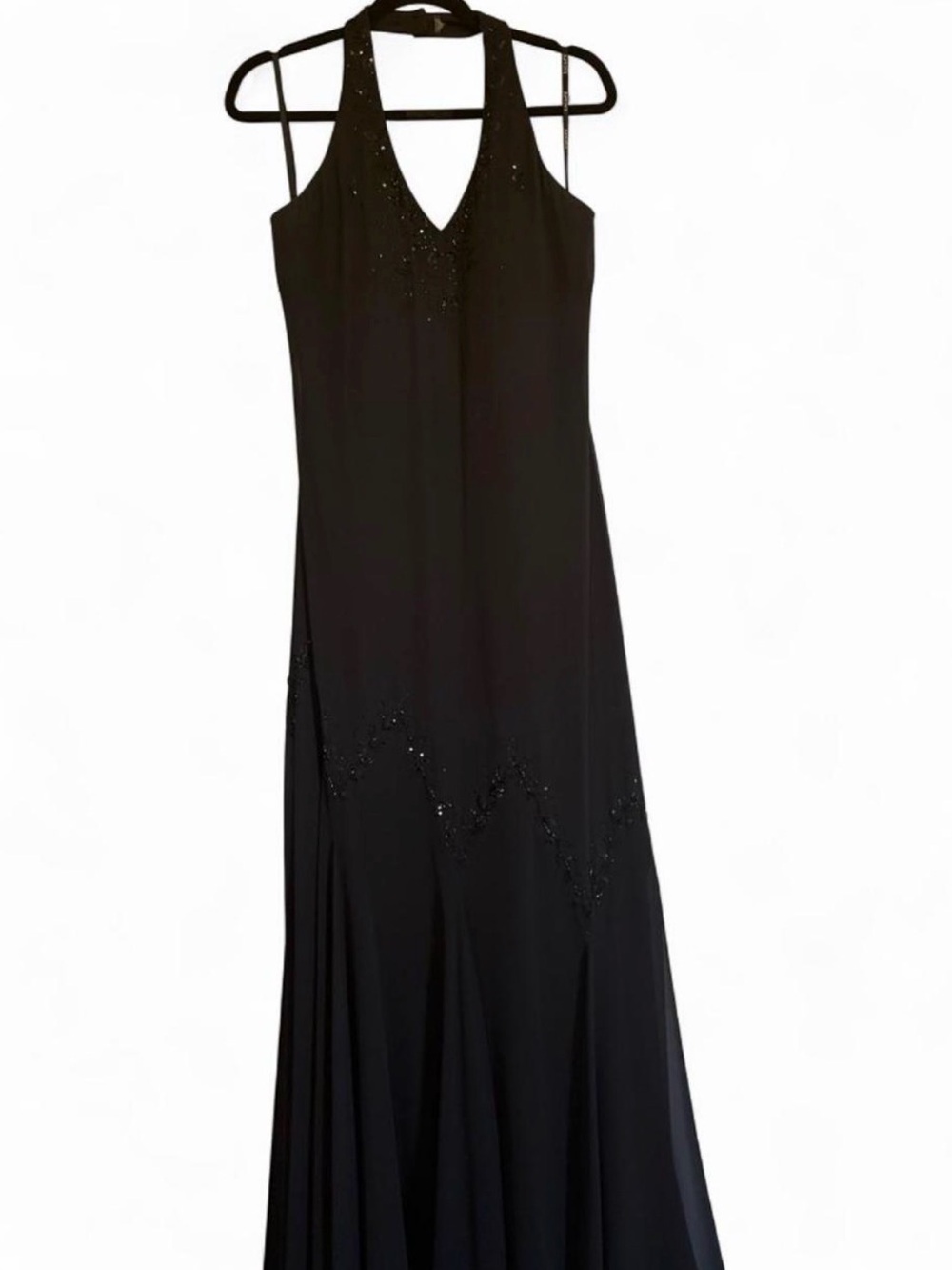 Xscape Black Beaded V-Neck Halter Maxi Dress